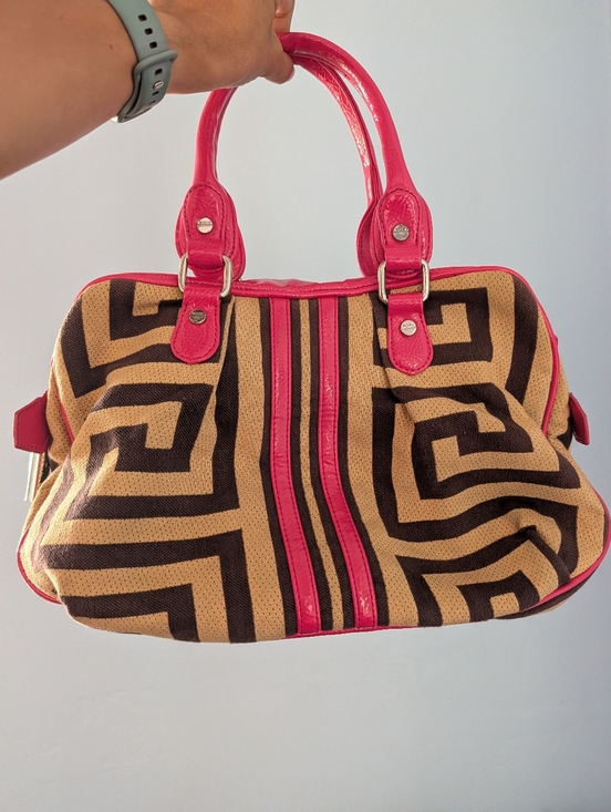 Bodhi Handbags - BODHI Geo Greek Key Fabric Patent Leather Satchel Bag Handbag Tote Tan/Pink